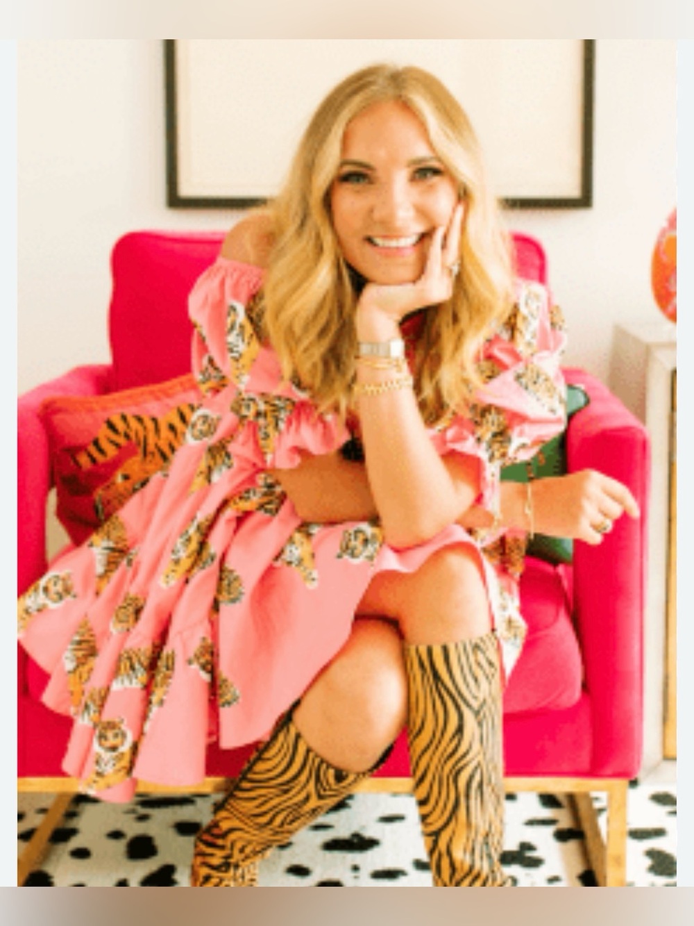 New! QUEEN OF SPARKLES Pink Sequin Tiger Print Asymmetrical Poof Sleeve Dress - Picture 5 of 12